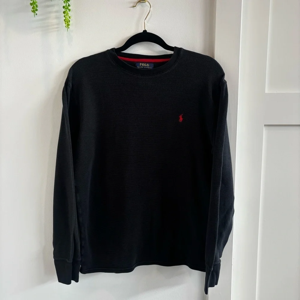 Polo Ralph Lauren Waffle Weave Men's Long Sleeve Black Shirt 100% Cotton Size L